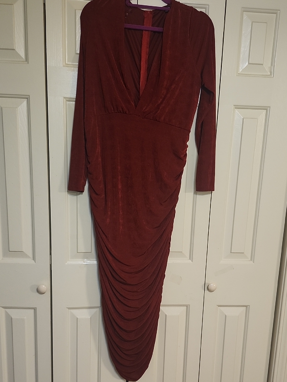 Women's Long Sleeve Deep V Ruched Midi Dress